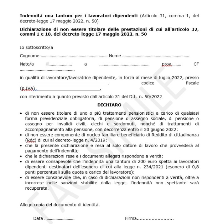 Bonus 200 euro dipendenti: scarica il Fac - simile del modulo di