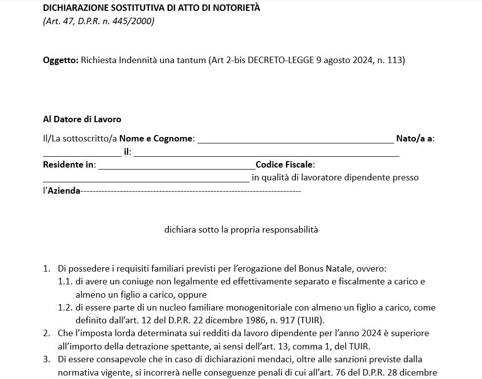 Autodichiarazione bonus natale 2024